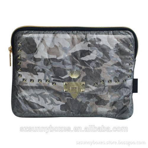 Gray Camo Pattern Tyvek Paper Zipper Portfolio With Pocket For iPad & Tablets 10"